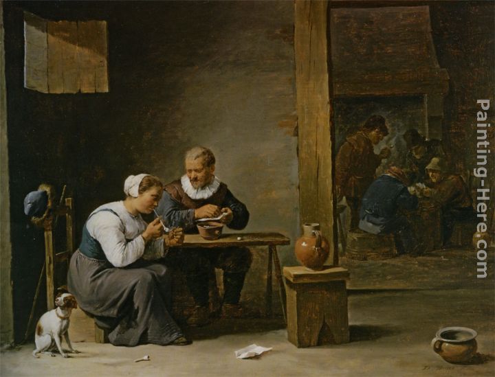 A man and woman smoking a pipe seated in an interior with peasants playing cards on a table painting - David the Younger Teniers A man and woman smoking a pipe seated in an interior with peasants playing cards on a table art painting